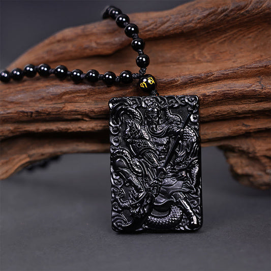 Spiritualität Buddha Karma Schwarzer Obsidian Guan Gong Amulett Gravierte Stärke Halskette Anhänger 