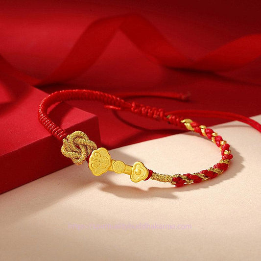 Tibetisches Knoten-Schutzarmband aus 999er Sterlingsilber mit Ruyi-Griff und Fu-Zeichen – Glücks- und Seilarmband 