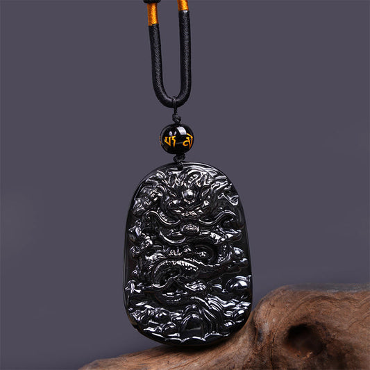 Spiritualität Buddha Karma Schwarzer Obsidian Drache Geschnitzte Glücks- und Schutzhalskette Anhänger