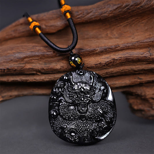 Spiritualität Buddha Karma Natürlicher Schwarzer Obsidian Runder Drache Geschnitzter Schutz Halskette Anhänger 