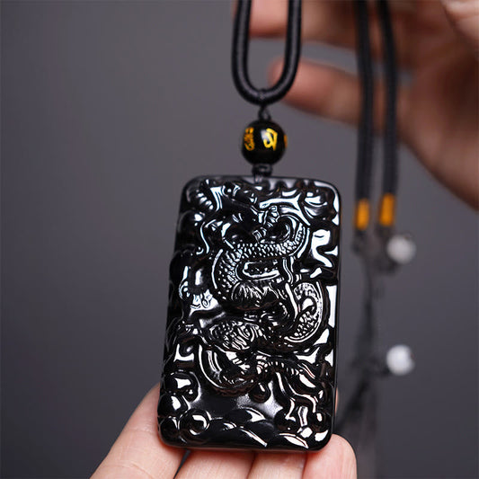 Spiritualität Buddha Karma Natürlicher schwarzer Obsidian Rechteckiger Drache graviert Erfolgshalskette Anhänger 