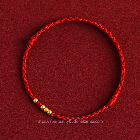 Antikes tibetisch-buddhistisches Armband aus rotem Faden mit 999er Goldperlen – geflochtenes Glücks- und Schutzarmband für Paare