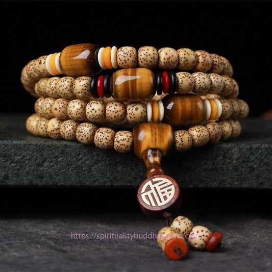 Spiritualität Buddha Karma 108 Mala-Perlen Bodhi-Samen Tigerauge Fu-Zeichen Friedensarmband