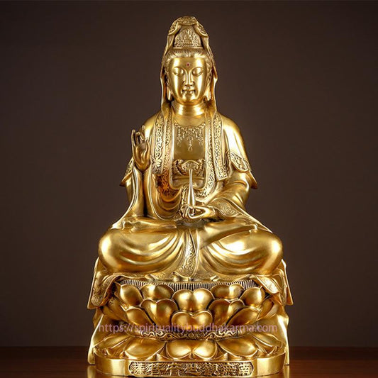 Statue en laiton et cuivre de Kwan Yin Avalokitesvara, symbole de spiritualité et de richesse, pour la décoration de bureau ou de maison.