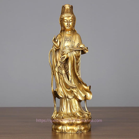 Spirituelle goldene stehende Kwan Yin Avalokitesvara-Statue aus Messing und Kupfer – Dekoration für Zuhause und Schreibtisch