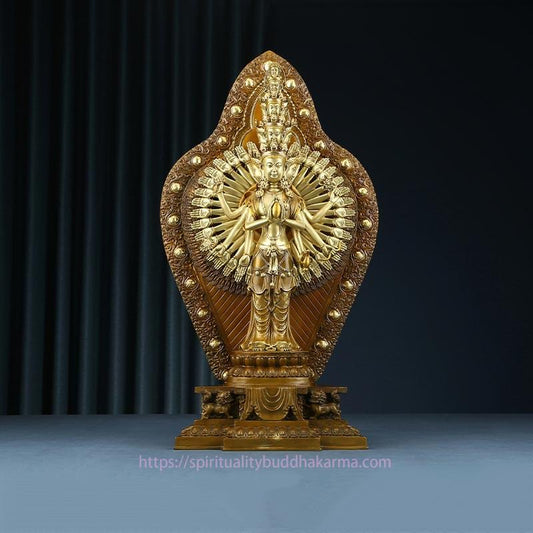 Spirituelle, handgefertigte tausendarmige Avalokiteshvara Kwan Yin-Statue aus Messing und Kupfer als Dekoration