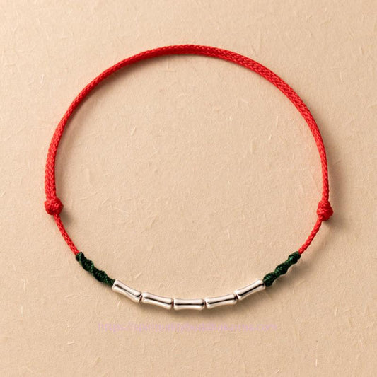 Bracelet porte-bonheur en corde tressée ultra-fine en argent sterling 925, orné d'un nœud tibétain et d'un motif bambou. 