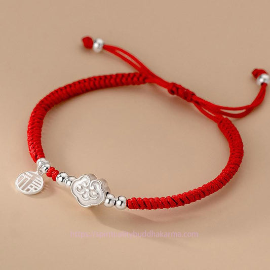 Tibetisches Knoten-Schutzarmband aus 925er Sterlingsilber mit Fu-Symbol, Glück bringenden Wolken und geflochtenem Seil 
