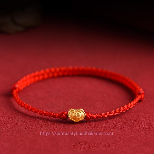 Tibetischer Knoten-Schutz, handgefertigtes Seilarmband aus 999er Gold mit chinesischem Schloss-Anhänger und Fu-Zeichen zum Schutz 