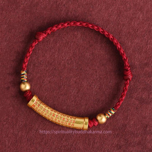 Handgefertigtes Armband/Fußkettchen aus tibetischem Knotenmaterial mit Herz-Sutra-Motiv aus einer Legierung