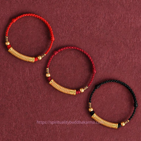 Handgefertigtes Armband/Fußkettchen aus tibetischem Knotenmaterial mit Herz-Sutra-Motiv aus einer Legierung