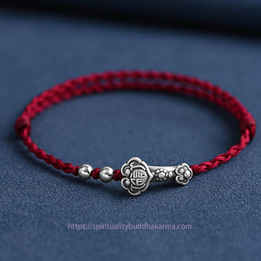 Tibetischer Knoten – Handgefertigtes Armband/Fußkettchen aus 999er Sterlingsilber mit Fu-Zeichen, Wunsch-Ruyi-Griff und Glücksseil 