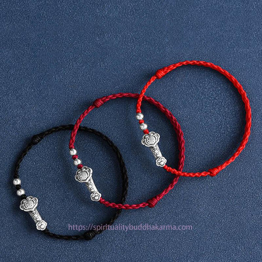 Tibetischer Knoten – Handgefertigtes Armband/Fußkettchen aus 999er Sterlingsilber mit Fu-Zeichen, Wunsch-Ruyi-Griff und Glücksseil 