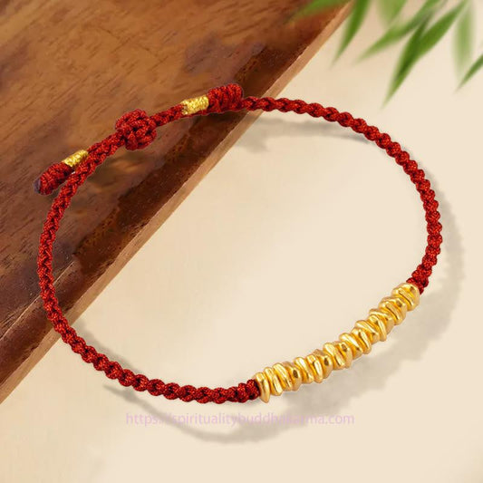 Tibetisches Knoten-Schutzarmband aus 999er Gold mit kleinen Goldstücken, handgefertigt, geflochtenes Seil 