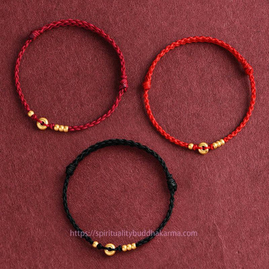 Tibetischer Knoten – Schutzarmband/Fußkettchen aus 999er Gold mit kleinem Friedensverschluss, handgefertigt, geflochtenes Seil, Glücksbringer 