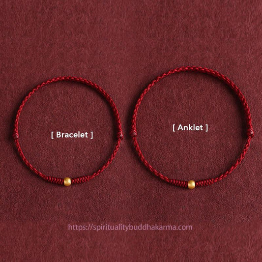 Tibetischer Knoten – Schutzarmband/Fußkettchen aus 999er Gold mit einer Mini-Perle, handgefertigt, robustes geflochtenes Seil 