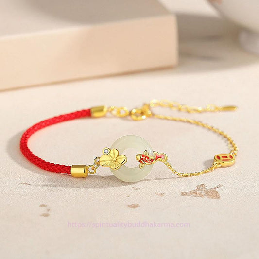 Bracelet de protection tibétain fait main en argent sterling 925, jade Hetian, boucle en forme de poisson rouge, corde rouge