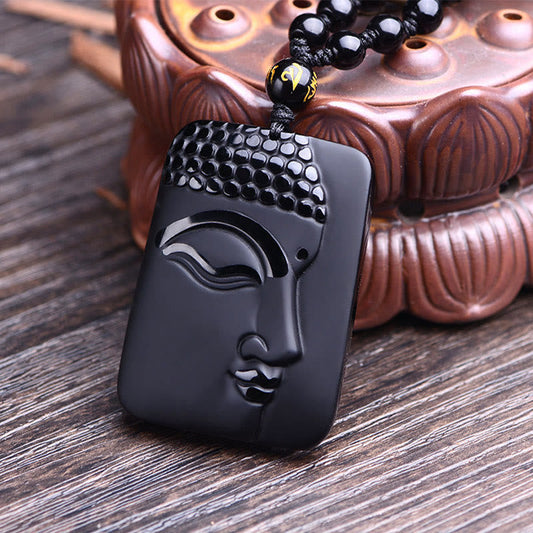 Spiritualität Buddha Karma Natürlicher Schwarzer Obsidian Buddha Gebet Reinigung Glück Anhänger Halskette