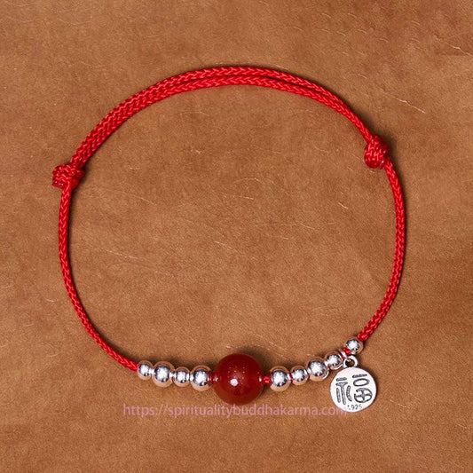 Bracelet de protection tibétain fait main en argent sterling 925, motif Fu et agate rouge, avec corde tressée ultra-fine et symbole de fortune. 