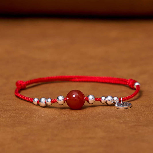 Bracelet de protection tibétain fait main en argent sterling 925, motif Fu et agate rouge, avec corde tressée ultra-fine et symbole de fortune. 