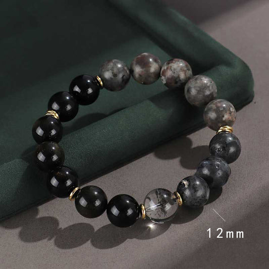 Spiritualität Buddha Karma Armband aus 925er Sterlingsilber, schwarzem Onyx, goldglänzendem Obsidian, Lavagestein und Tigerauge – Armband für Wohlstand und Schutz der sechs wahren Worte