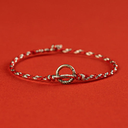 Tibetisches Knoten-Schutzarmband aus 925er Sterlingsilber mit Friedensschnalle und Glücksriemen 