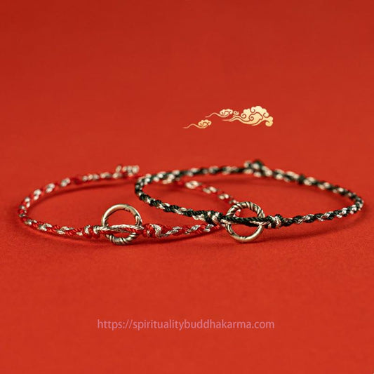 Tibetisches Knoten-Schutzarmband aus 925er Sterlingsilber mit Friedensschnalle und Glücksriemen 