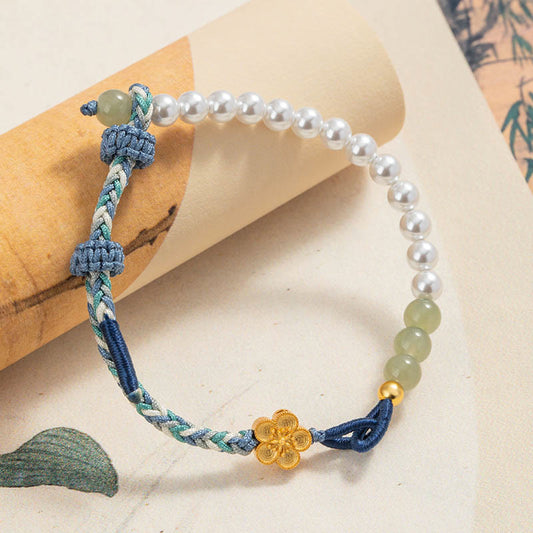 Ancient Tibetan Buddhist Red String Tradition  925 Sterling Silver Hetian Jade Peach Blossom Flower Pearl Braided Luck Bracelet