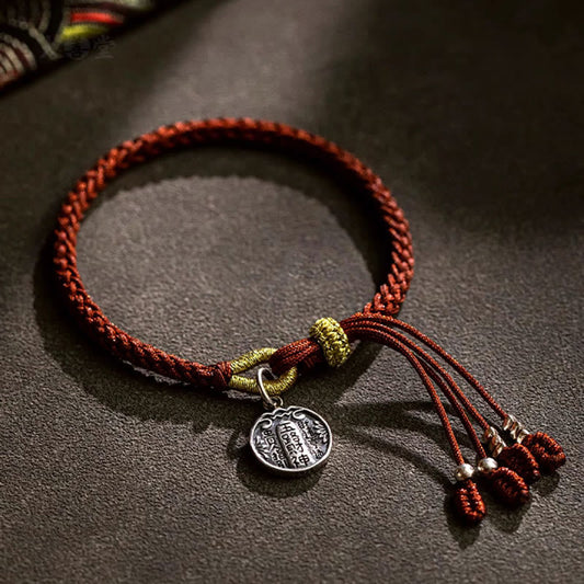 Ancient Tibetan Buddhist Red String Tradition  Handmade 925 Sterling Silver Five Directions Gods of Wealth Luck Protection String Braid Bracelet