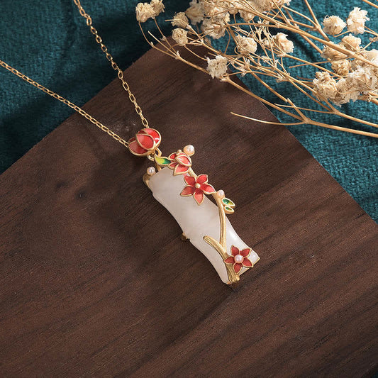 Jade  White Jade Bamboo Lotus Flowers Luck Protection Necklace Pendant