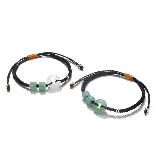Antikes tibetisch-buddhistisches Armband mit roter Schnur, 2 Stück, grünem Aventurin und weißem Jade, Friedensschnalle, geflochtenem Glücksarmband für Paare 
