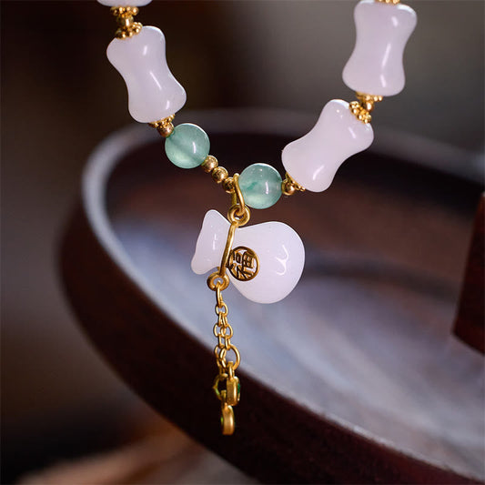 Jade  Natural White Golden Silk Jade Bamboo Pattern Wealth Lucky Bag Fu Character Bracelet