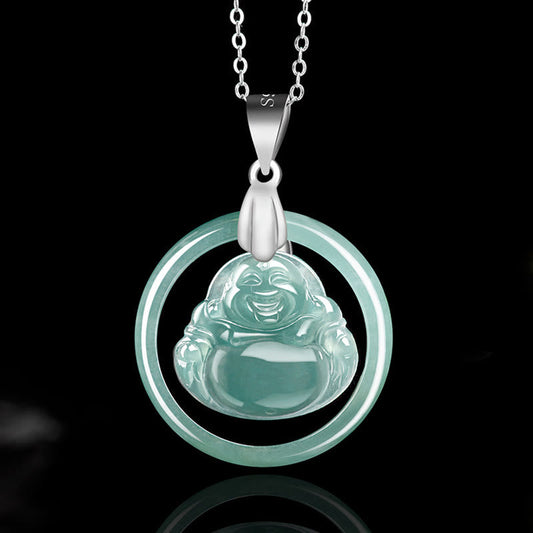 Buddha-Energie-Halskette aus 925er Sterlingsilber mit rundem Anhänger aus natürlichem Jade: Lachender Buddha, Symbol für Fülle