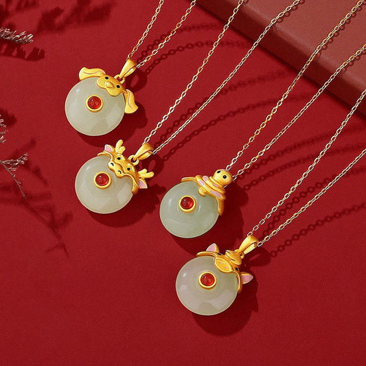Jade  925 Sterling Silver Hetian Jade Chinese Zodiac Year of the Dragon Red Agate Luck Protection Necklace Pendant