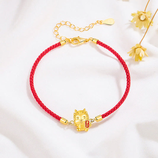 Ancient Tibetan Buddhist Red String Tradition  925 Sterling Silver Year Of The Dragon Lucky Golden Dragon Strength Red Rope Chain Bracelet