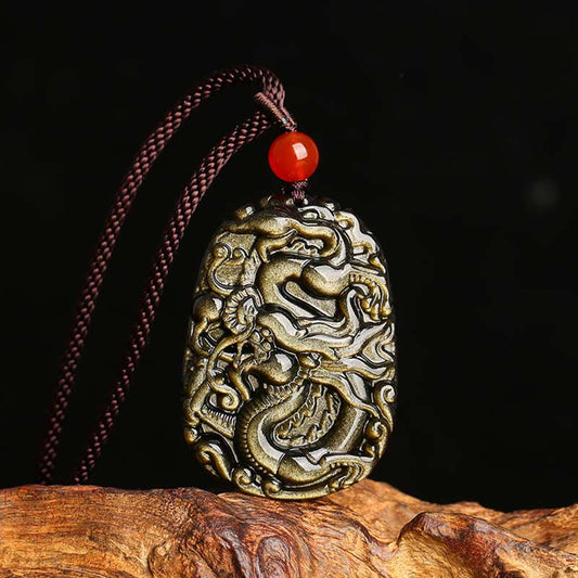 Spiritualität Buddha Karma Gold Glanz Obsidian Drachenmuster Erfolgshalskette Anhänger 