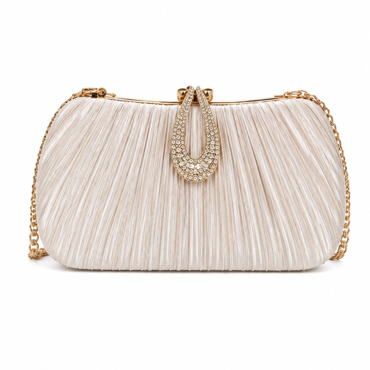 Champagne Rhinestone Pleated Evening Bag for Women, Detachable Chain Handle Shoulder Bag, Elegant Wedding Party Clutch