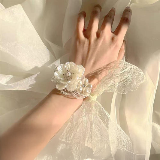 【Ethereal Romance】Elegant Pearl & Floral Lace Bridal Wrist Corsage
