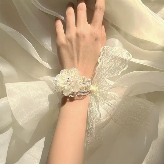 【Ethereal Romance】Elegant Pearl & Floral Lace Bridal Wrist Corsage