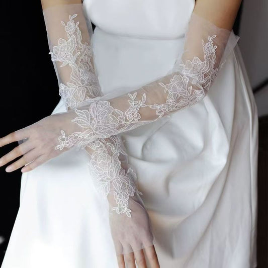 【Minimalist Elegance】Ultra-Long Sheer Tulle Embroidered Floral Bridal Gloves