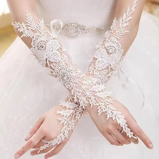 【Imperial Blossom】Vintage Regal Lace Bridal Gloves — Mid-Long Fingerless Wedding Sleeves with Crystal Accents