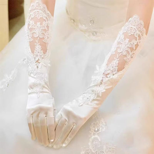 【Regal Romance】Vintage Satin & Lace Full-Finger Long Bridal Gloves