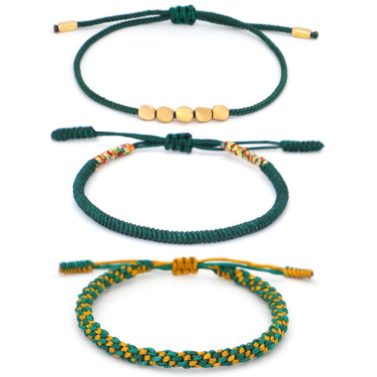 029 Tibetan Vajra Knot Bracelet Set of 3 - Adjustable Handwoven with Golden Brass Beads and Five Elements Wood Vitality