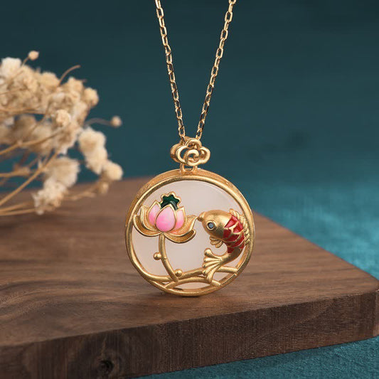 Jade  White Jade Koi Fish Lotus Blessing Necklace Pendant