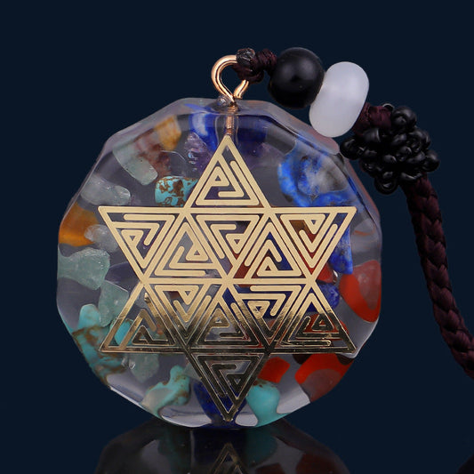 049 Energy Geometric Symbol Pendant - Natural Crystal Chip Resin Necklace for Spiritual Balance & Chakra Healing