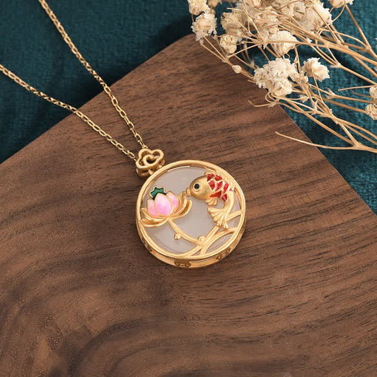 Jade  White Jade Koi Fish Lotus Blessing Necklace Pendant