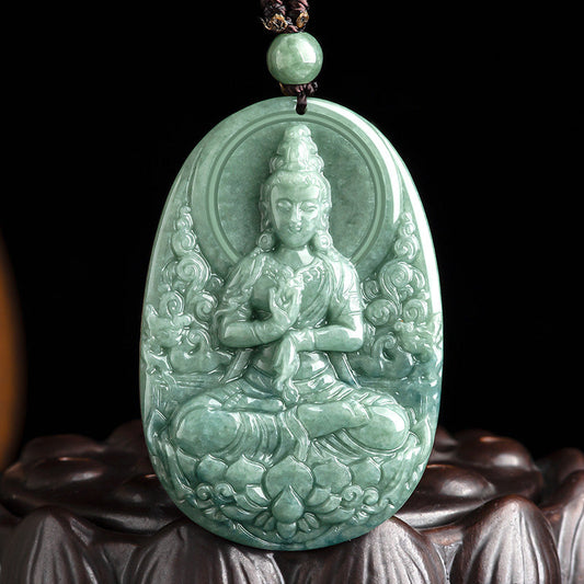 Collier pendentif amulette en jade naturel Avalokiteshvara, symbole de richesse. 