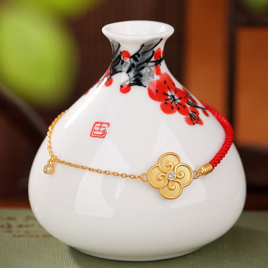 Ancient Tibetan Buddhist Red String Tradition  925 Sterling Silver Plated Gold Four Leaf Clover Zircon Luck Bracelet
