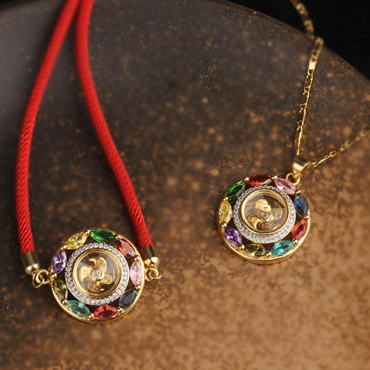 Antike tibetisch-buddhistische Tradition: Armband mit rotem Faden, farbenfrohem Zirkonia-Kupferanhänger für Reichtum und Glück.