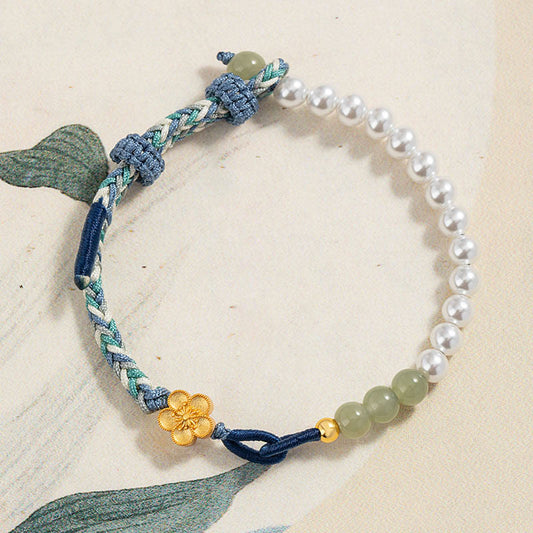 Ancient Tibetan Buddhist Red String Tradition  925 Sterling Silver Hetian Jade Peach Blossom Flower Pearl Braided Luck Bracelet